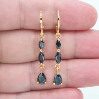 Gold Color Women Fashion Black CZ Teardrop Dangle Earrings Jewelry