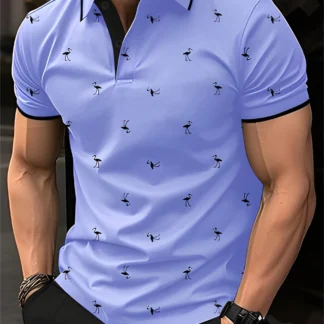 2025 Europe and the United States men's new summer fashion 3D lapel Flamingos fashion printed street short-sleeved top
