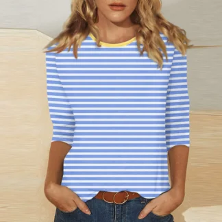 Women's Summer T-Shirts Fashion Casual Everyday Versatile O-Neck 3/4 Length Sleeve Tops Striped Print T-Shirt Tops Plus Size