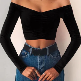 women T-shirts sexy and club fashion female T-shirt long sleeve off shoulder solid color lady Tshirt autumn basic tees