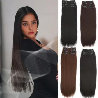 4pc synthetic women's 16inch/20inch/24inch four piece straight hair extensions, black/brown wig, suitable for daily wear